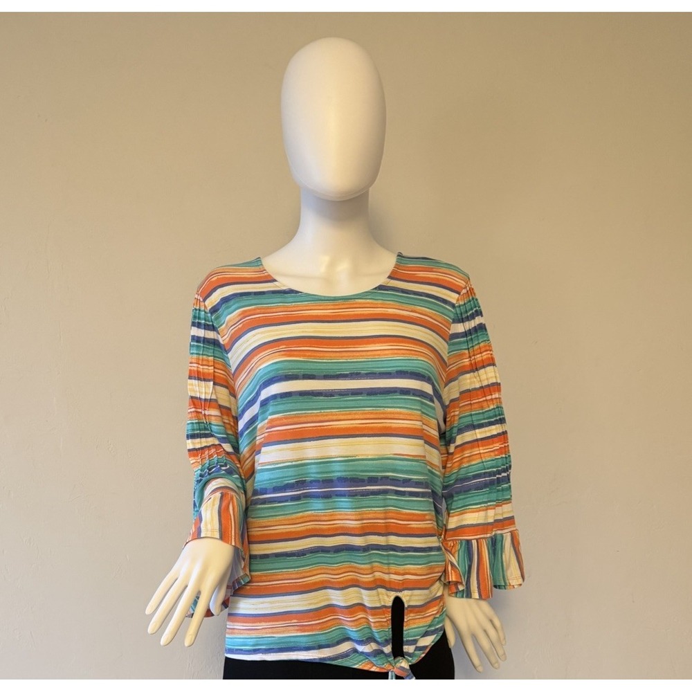 Ruby‎ Rd. Women's Striped Tie Front Ruffle Sleeve Blouse Multicolor Size L
